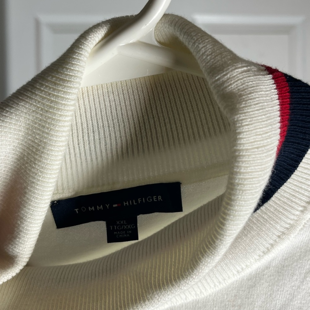 Navy and White Turtleneck Sweater with Red Accents - Picture 4 of 5